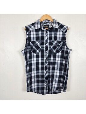 Helix Mens Sleeveless Plaid Shirt Black White Flannel Cutoff Button Up Medium M